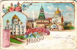 1898 Moscow, Moskau, Moscou; Nikolsky Thor, Erlösers Kirche / Nikolaevsky Gate, Cathedral of Christ the Saviour. Otto Schaefer & Scheibe. Art Nouveau, floral, litho (worn corners)