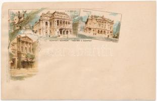 Budapest, Ezredéves Országos Kiállítás, Budapesti színházak, Nemzeti Színház, Népszínház, M. kir. Operaház. litho barna 2 Kr. Ga. s: Cserna (r)