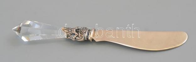 Ezüst(Ag) kés, csiszolt kristály nyéllel, jelzett, h: 11,5 cm, bruttó : 17,6 g