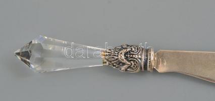 Ezüst(Ag) kés, csiszolt kristály nyéllel, jelzett, h: 11,5 cm, bruttó : 17,6 g