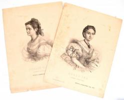 1862 Gombostű folyóirat 2 melléklete a Nemzeti Színház két tagjáról: Bognár Vilma (1845-1904) operaénekesnő (szoprán) és Huber Ida (1836-1869) operaénekesnő, (szoprán), litográfia, az egyik szakadt és foltos, a másikon kis szakadással,29x22 cm