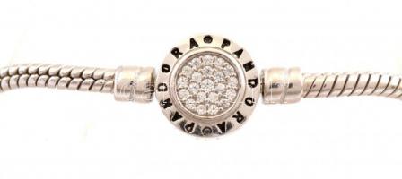 Ezüst(Ag) karkötő, 7 db charmmal, Pandora jelzéssel, h: 16,5 cm, bruttó: 28,6 g