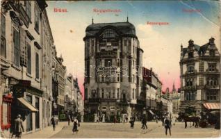 1919 Brno, Brünn; Margarethenhof, Rennergasse, Thonet-Hof / street view with shops (EB)