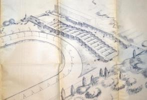 Az 1933-ban megnyitott kerepesi úti ügető (BÜE) távlati látványterve. Nagy méretű (a tervező: ifj. P...