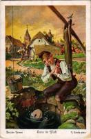 Hans im Glück. Brüder Grimm / Hans in Luck. Brothers Grimm fairy tale art postcard. Uvachrom Nr. 4778. Serie 298. s: G. Hinke (EK)