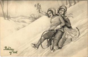 1916 Boldog Újévet! / New Year greeting with sledding ladies, winter sport. V. K. Vienne 5377. (EK)