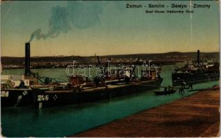 1909 Zimony, Semlin, Zemun; Graf Khuen Héderváry Quai / rakpart, uszályok, gőzhajó / quay, barges, steamship (fa)