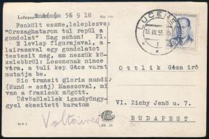 1955 Ottlik Géza írónak címzett elméskedő képeslap Losoncból, Voltaired aláírással.