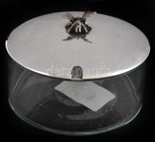 Ezüst(Ag) legyes tetejű cukortartó, jelzett, üveg alsó résszel, kis csorbával, d: 9,5 cm, m: 6,5 cm