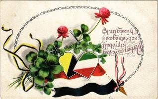 1915 Vérben és vasban kipróbált szövetségesi hűségünk / WWI K.u.K. Viribus Unitis propagnada, flags and coat of arms.floral litho