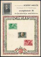 1940 Horthy Miklós kormányzó országlásának 20. évfordulója emlékére kiadott emléklap, 3 bélyeggel, bélyegzés nélkül, 21,5x15,5 cm