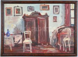 Rónai jelzéssel: Szoba képekkel. Olaj, karton, fa keretben. 24,5x34 cm