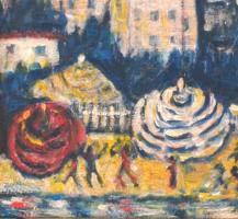 Vaszary jelzéssel: Strandon. Olaj, karton, díszes fa keretben. 20x31 cm