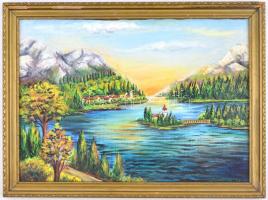 MCP jelzéssel: Félsziget világítótoronnyal. Olaj, farost, fa keretben. 33,5x48 cm