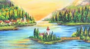 MCP jelzéssel: Félsziget világítótoronnyal. Olaj, farost, fa keretben. 33,5x48 cm