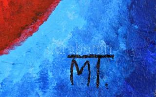 MT jelzéssel: Absztrakt kompozíció. Olaj, papír, kisebb sérüléssel, kartonra kasírozva. Fa keretben,...