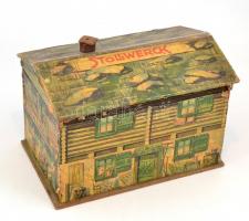 Stollwerck házikó alakú fa doboz, illusztrált, tető belsejében is felirattal, tető sérült és ragasztott, 21x18x29 cm