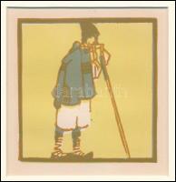 Kós Károly (1883-1977): Bocskoros, színes linómetszet, papír, jelzés nélkül, paszpartuban, 10x10 cm