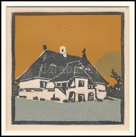 Kós Károly (1883-1977): Kúria, színes linómetszet, papír, jelzés nélkül, paszpartuban, 10x10 cm