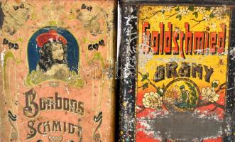 2 db régi nagy méretű fém doboz fedéllel, : Goldschmied arany tea, szecessziós-japonizáló illusztrác...