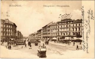 1908 Budapest VI. Octogon tér, villamosok, lovaskocsik, Budapest képes politikai napilap, üzletek