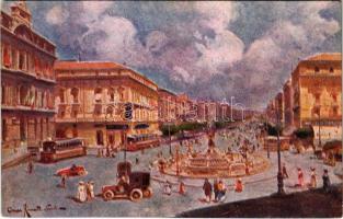 Napoli, Naples; Piazza della Borsa e Corso Umberto I / square, trams, automobiles. Italian art postcard