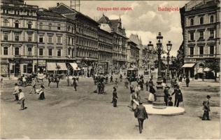 1909 Budapest VI. Octogon tér, Ernyei Lajos, Kömlődi Jakab, Sokulski üzlete, villamos. Divald Károly 239-1908.