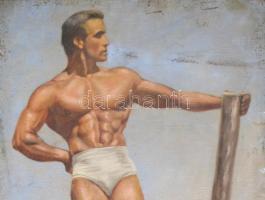 Reinprecht Károly (1903-?): Balatonparti adonisz. Olaj, vászon, jelzett, sérült, 89,5x59,5 cm