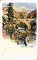 Merano, Meran (Südtirol); Zenoburg bei Meran / Castel San Zeno  / castle, bridge. art postcard (EK)