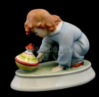 Zsolnay búgócsigás kislány figura, kézzel festett, jelzett, apró kopásokkal, foltokkal 12,5x16 cm