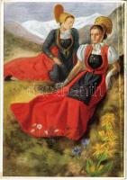 Gressoney-Saint-Jean, I costumi della Valle dAosta / folk costumes of Aosta Valley, Italian folklore art postcard s: Politi (EK)
