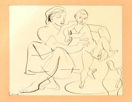 Medveczky Jenő (1902-1969): Anya és gyermeke. Tus, papír, néhány apró folttal, paszpartuban, 18x23 cm