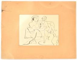 Medveczky Jenő (1902-1969): Anya és gyermeke. Tus, papír, néhány apró folttal, paszpartuban, 18x23 c...
