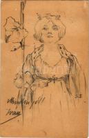 1904 Kézzel rajzolt hölgy művészlap / hand-drawn Art Nouveau lady art postcard (fl)