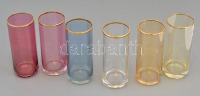 Színes poharak, aranyozott peremmel, 6 db, kopásnyomokkal, m: 12 cm, d: 5 cm