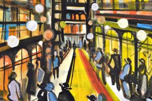 Scheiber jelzéssel: Nagyvárosi forgatag. Vegyes technika, papír, sérült (lap szélén kisebb szakadáso...