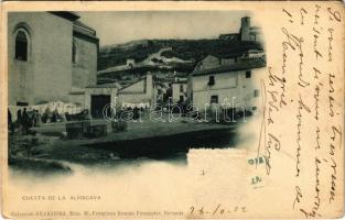 1902 Granada, Cuesta de Alhacaba / street view, market. Colección Granadina Num. 61. Francisco Román Fernández (surface damage)