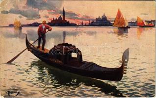 1914 Venezia, Venice; Gondola ed Isola di S. Giorgio / canal, boat. Italian art postcard. A. Scrocchi 2593-1. + "XI Esposizione Internazionale d'Arte Venezia" So. Stpl. (EK)