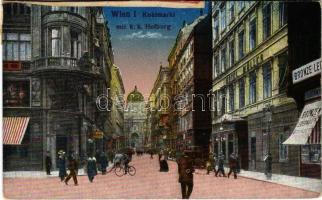 1920 Wien, Vienna, Bécs I. Kohlmarkt mit k. k. Hofburg / street view, automobile, bank, Hotel Müller, shops, bicycle