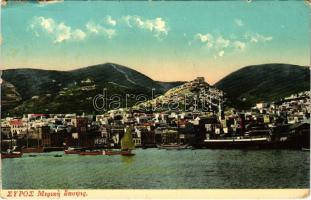 Syros, Siros, Syra; general view, port, sailing vessels, steamship (EB)