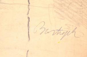 Bortnyik jelzéssel: Evezősök a csónakház mellett. Ceruza, papír, hajtásnyommal. 27,5x31,5 cm