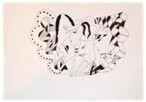 Szász jelzéssel: Fejek macskával. Tus, papír. 29,5x42 cm