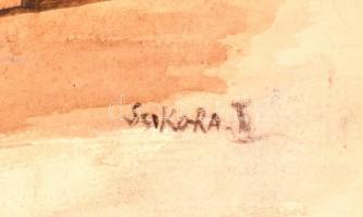 Szikora jelzéssel: Kompozíció. Akvarell, papír, lap bal felén lyukkal. 29,5x43 cm