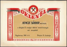 1956 Nagykanizsa, Bányász SE országos ökölvívó versenyén való szereplésért adományozott oklevél
