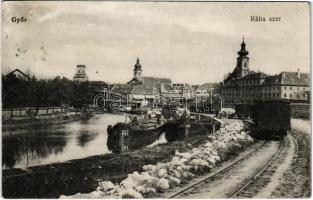 1918 Győr, Rábaszer iparvasút, uszályok ki és berakodás közben, Pannonia könyvnyomda, Püspökvár