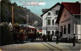 1917 Trencsénteplic, Trencianske Teplice; Villamos vasút főállomása. Kiadja Wertheim Zsigmond / Hauptstation der elektrischen Bahn / tram station, tramways, railway station (EK)