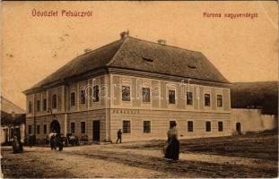 1913 Pelsőc, Pelsücz, Plesivec; Korona vendéglő, étterem, utcakép. W. L. (?) No. 1100. Pártos Mór kiadása / restaurant, street view (EK)
