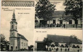 1910 Őrszállás, Stanisic, Stanica; Görögkeleti templom, Takarékpénztári épület, Görögkeleti paplak. Frida és Társa kiadása / Orthodox church and rectory, savings bank + "ZOMBOR - KISKUNHALAS 322" vasúti mozgóposta bélyegző