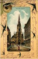 1904 Újvidék, Neusatz, Novi Sad; Római katolikus templom. Herger Ágoston levelezőlap kiadóhivatalából. Szecessziós dombornyomott fecskés litho keret / Catholic church. Art Nouveau, Emb. litho (apró lyuk / tiny pinhole)