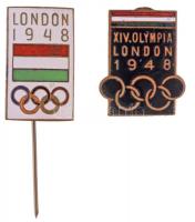 1948. XIV. Olympia London 1948 zománcozott olimpiai gomblyuk jelvény, fekete zománccal (23x18mm) + London 1948 zománcozott olimpiai kitűző, fehér zománccal (25x15mm) T:2 1948. XIV. Olympiad London 1948 enamelled olympiad buttonhole badge, with black enamel (23x18mm) + XIV. Olympiad London 1948 enamelled olympiad badge, with white enamel (25x15mm) C:XF